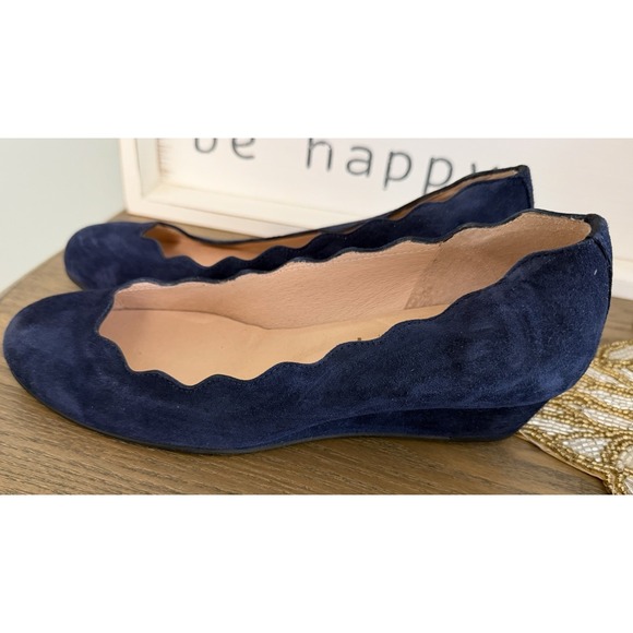 French Sole Shoes - FS/NY Cassie Beach Navy Suede Wedge Flats Womens Size 5B Scalloped Edge